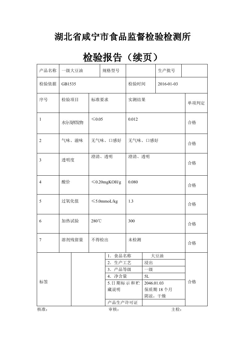 一级大豆油检验报告