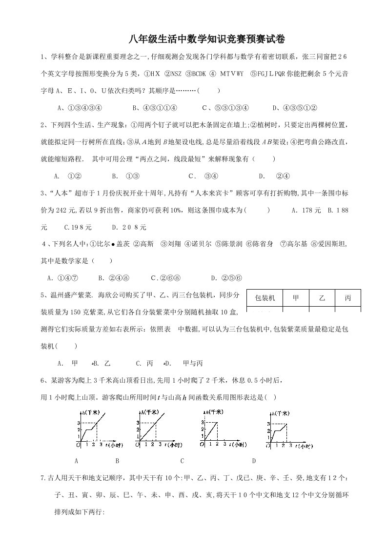 2023年文成县黄坦中学八年级生活中数学知识竞赛初赛试卷及答案