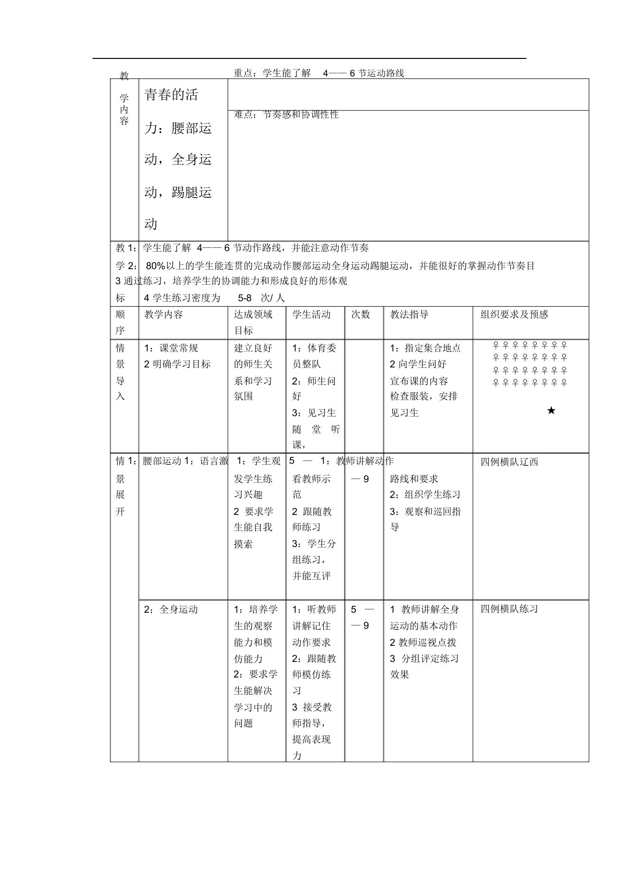 七年级体育第3课青春的活力腰部运动,全身运动,踢腿运动教案