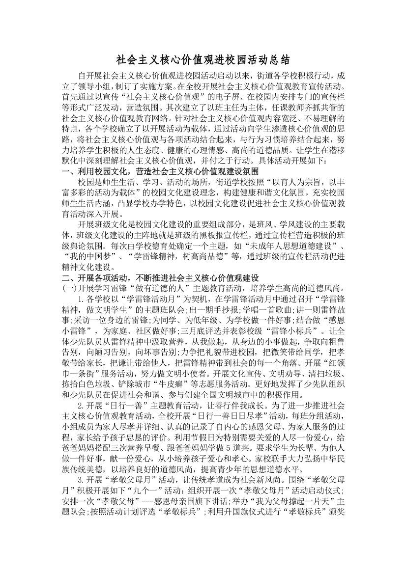 社会主义核心价值观进校园活动总结