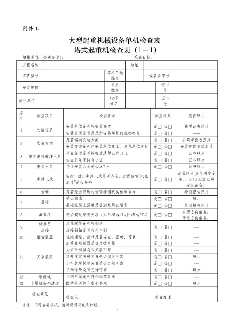 大型起重机械设备单机检查表