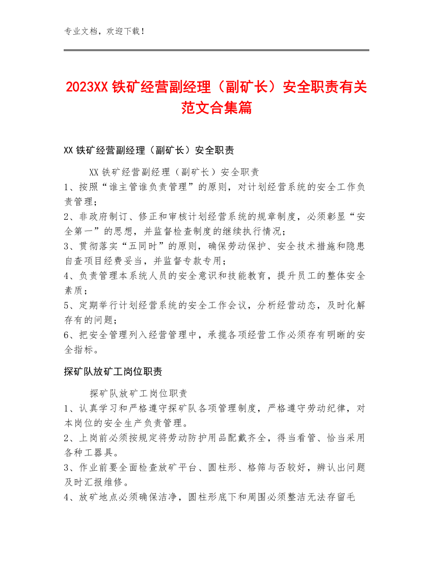 2023XX铁矿经营副经理（副矿长）安全职责范文合集篇