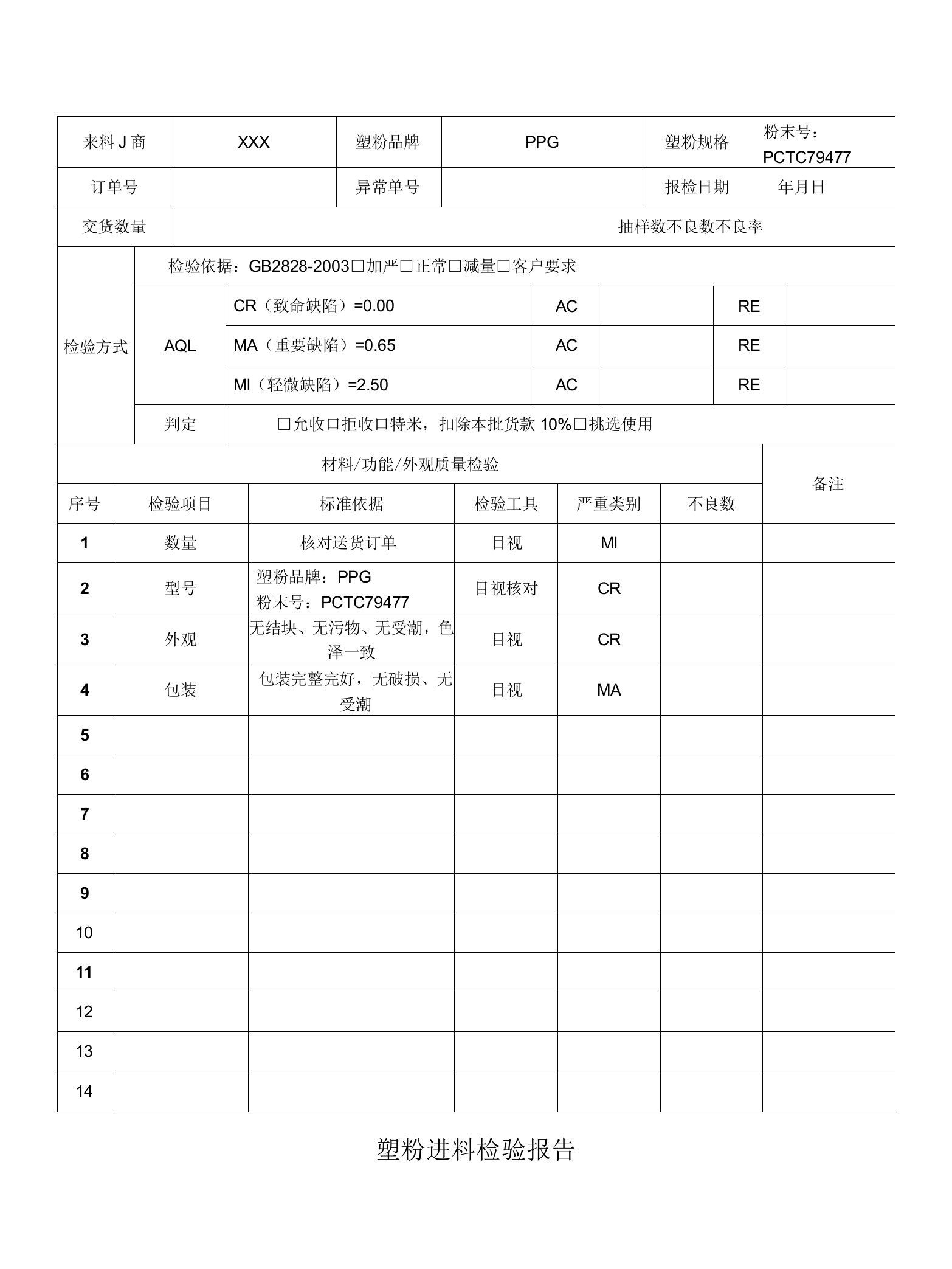 塑粉进料检验报告