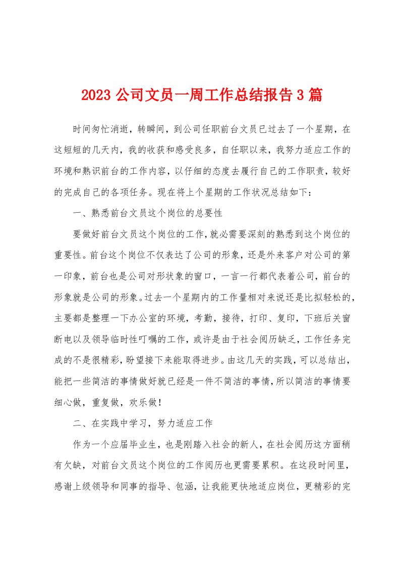 2023年公司文员一周工作总结报告