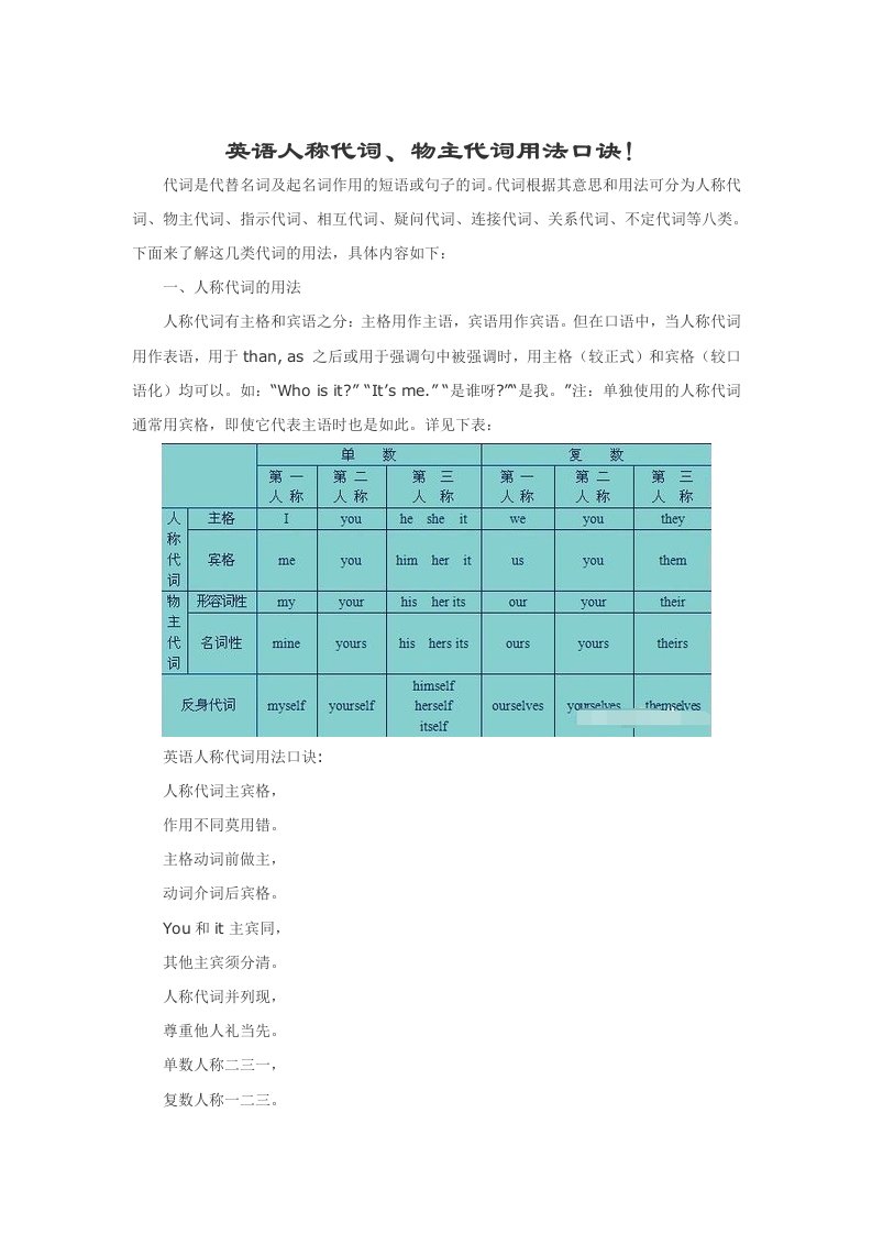 英语人称代词.物主代词用法口诀资料