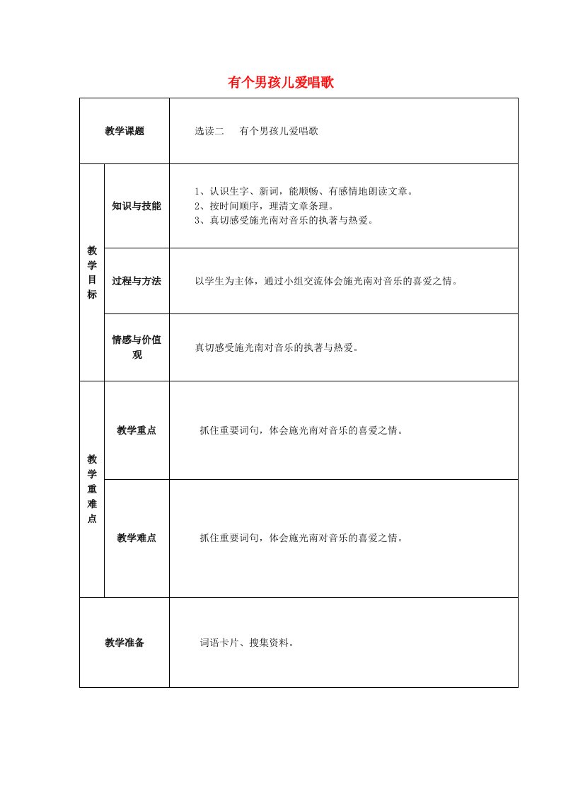 2015五年级语文下册《有个男孩儿爱唱歌》教案