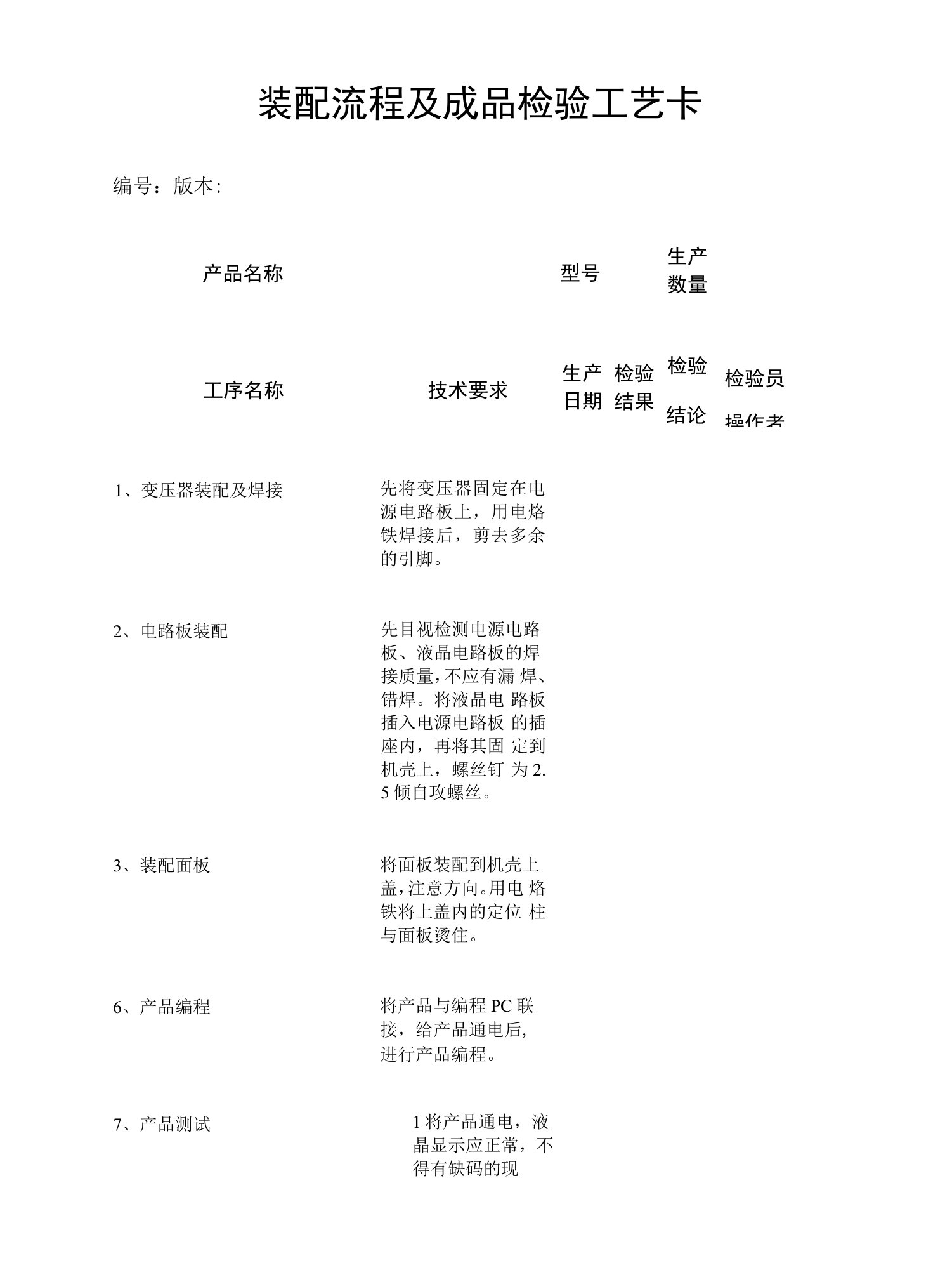 显示终端配流程及检验工艺卡