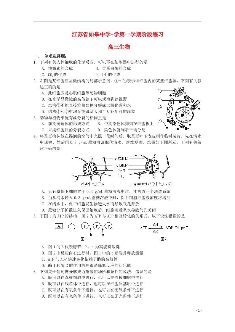 江苏省如皋中学高三生物12月阶段练习试题