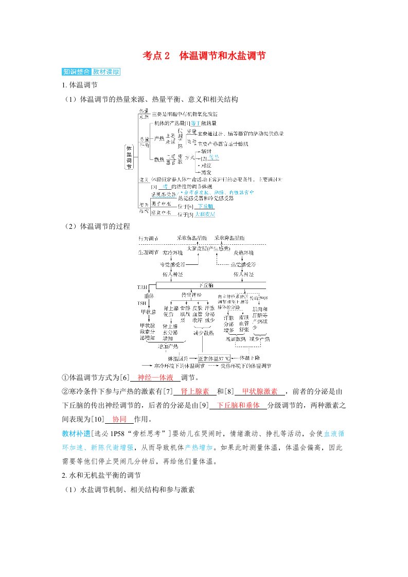 备考2024届高考生物一轮复习讲义第八章动物和人体生命活动的调节课时5神经调节与体液调节的关系考点2　体温调节和水盐调节