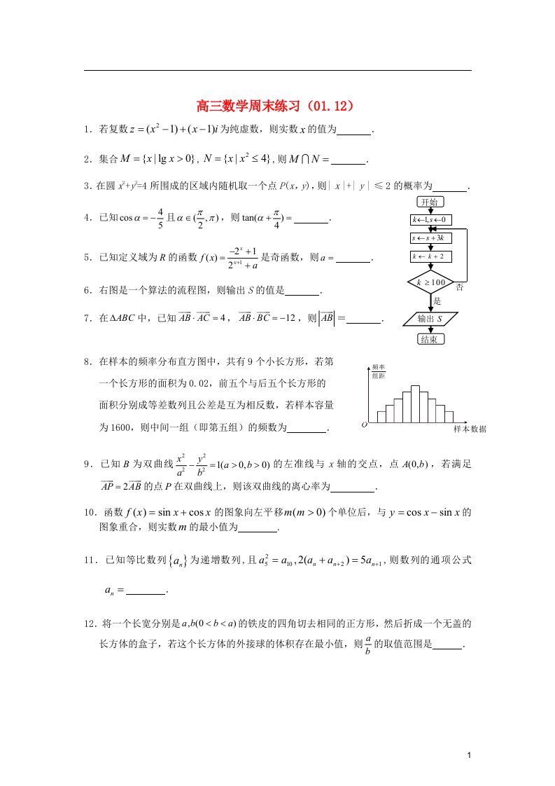 江苏省扬中市第二高级中学高三数学周末练习试题（01.12）