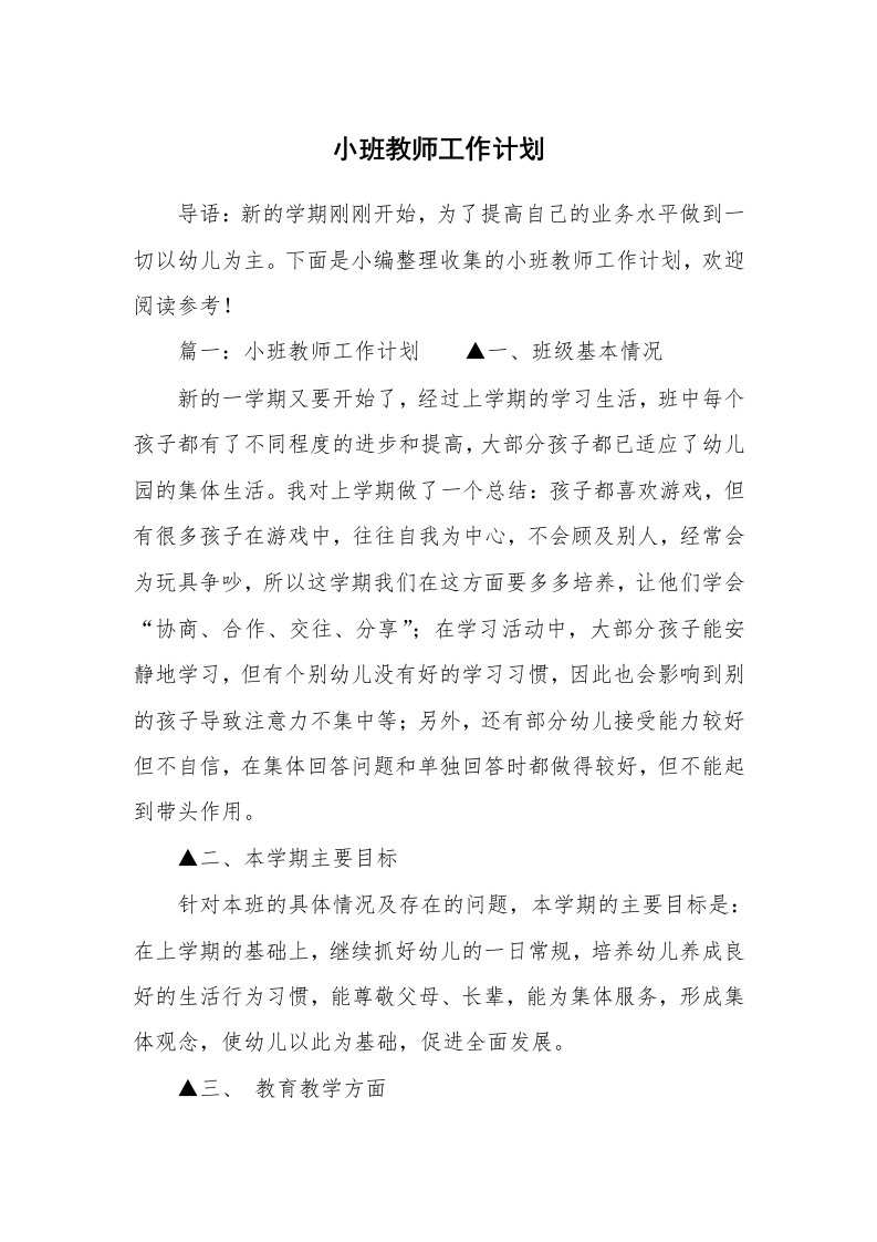 小班教师工作计划