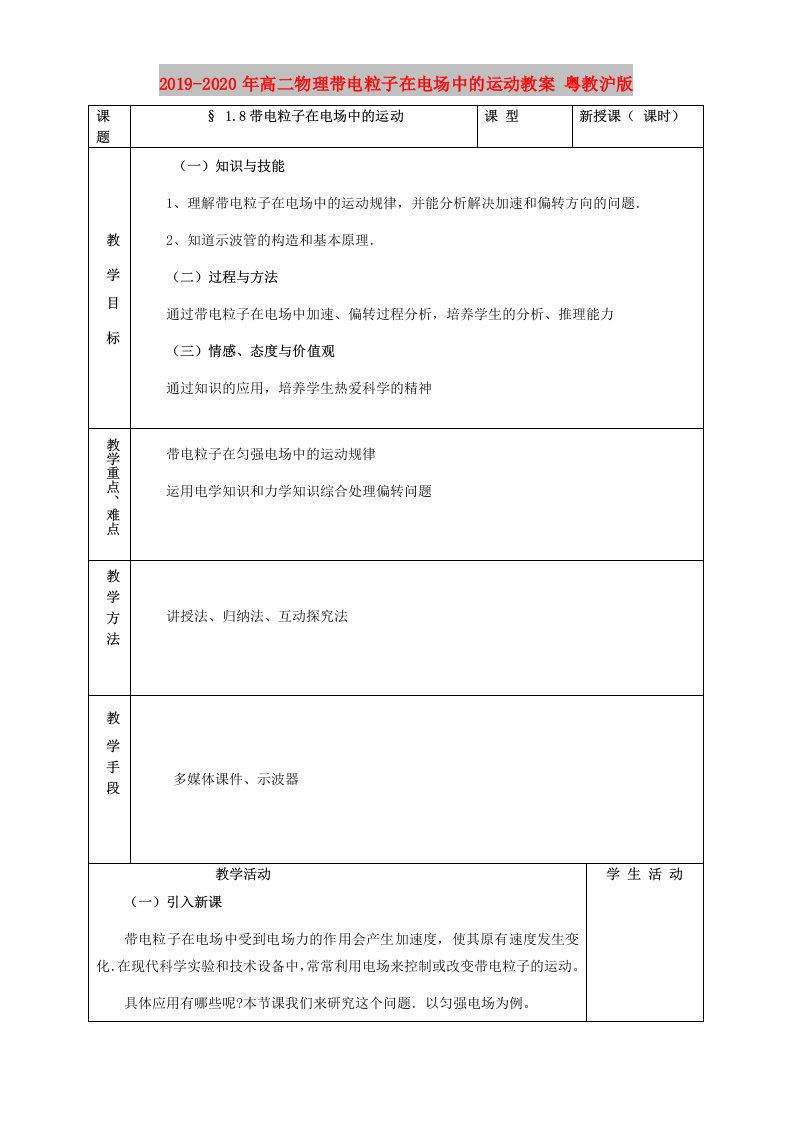 2019-2020年高二物理带电粒子在电场中的运动教案