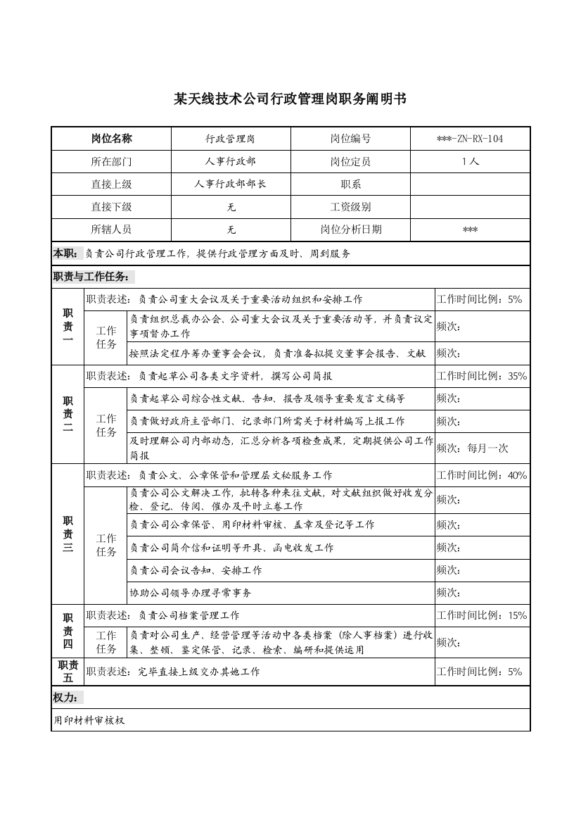 如何写企业行政管理岗职务说明书样本