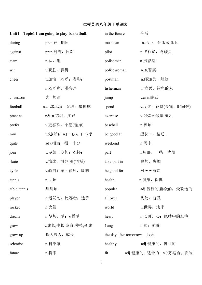 最新仁爱英语八年级上册单词表