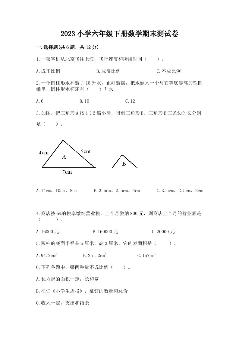 2023小学六年级下册数学期末测试卷含答案（巩固）