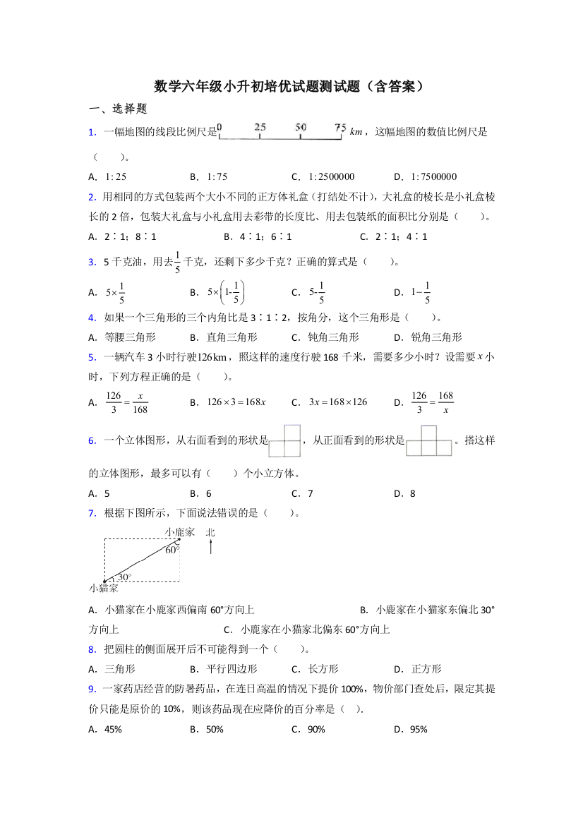 数学六年级小升初培优试题测试题(含答案)