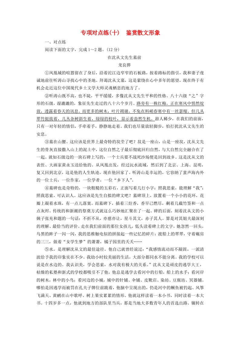 通用版高考语文一轮复习专项对点练10鉴赏散文形象