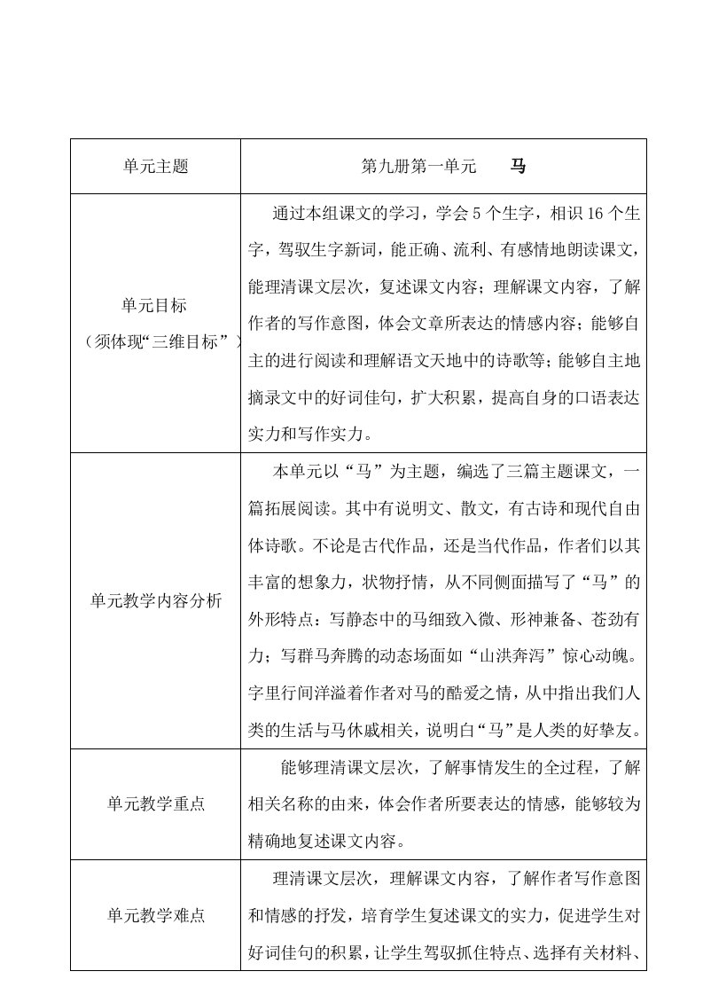 2023年北师大版小学语文五年级上册第九册全册表格式教案教学设计详案