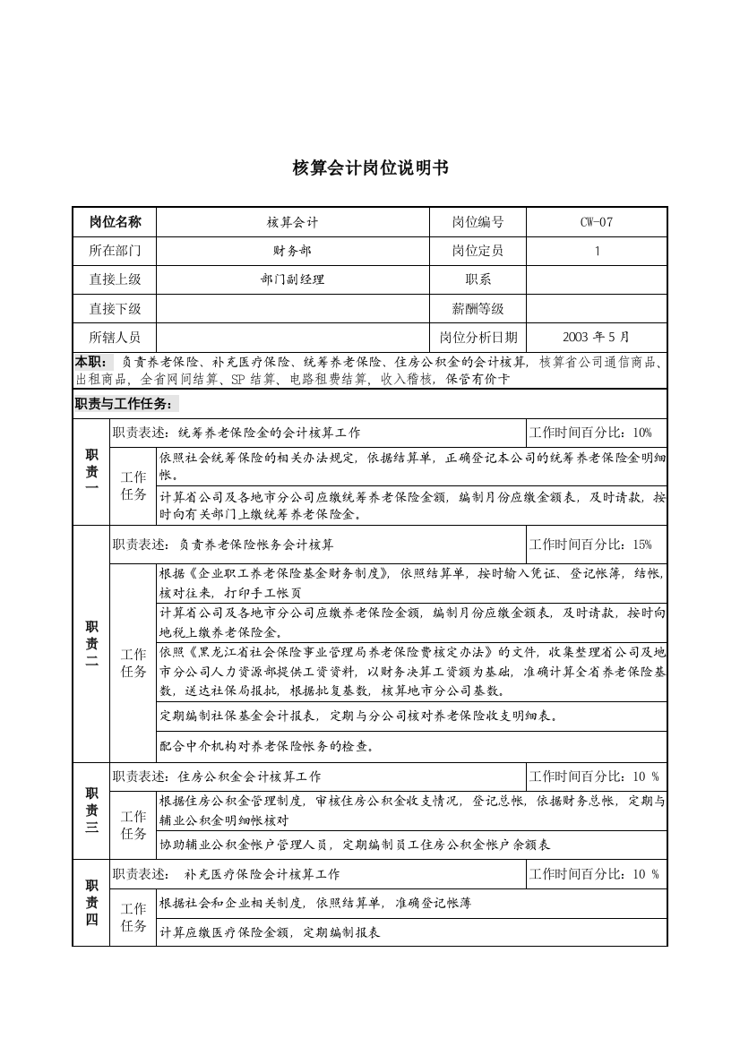 通信行业-财务部-核算会计岗位说明书