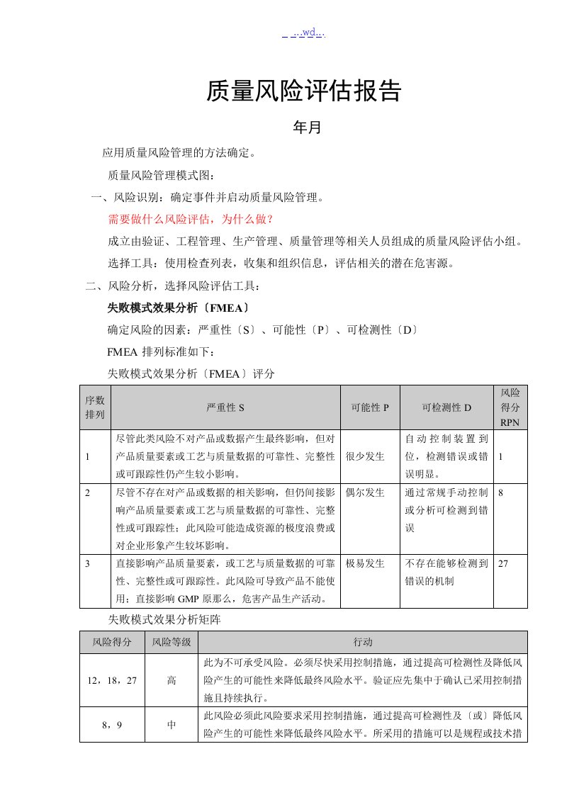 质量风险评估报告书模板