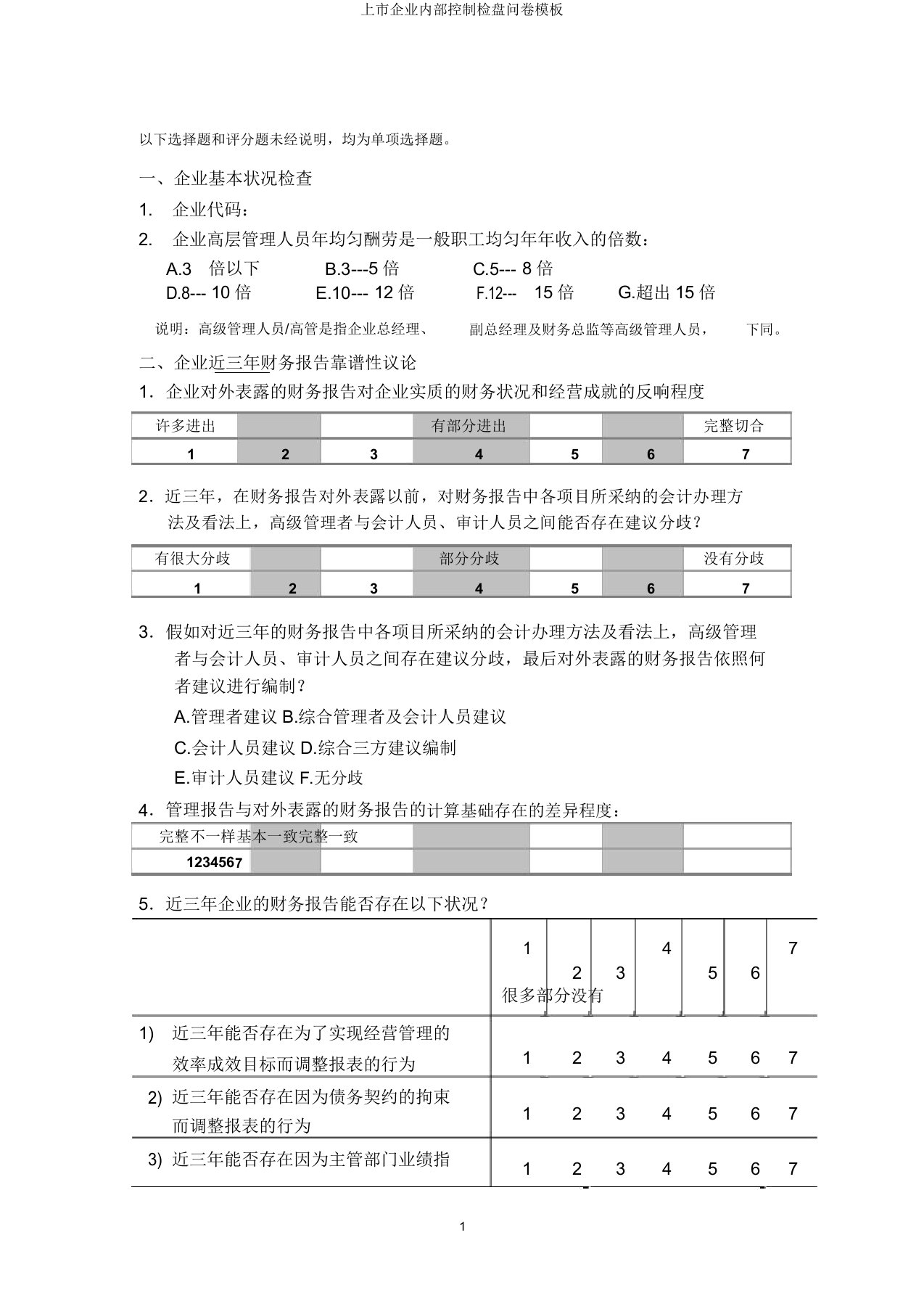 上市公司内部控制调查问卷模板