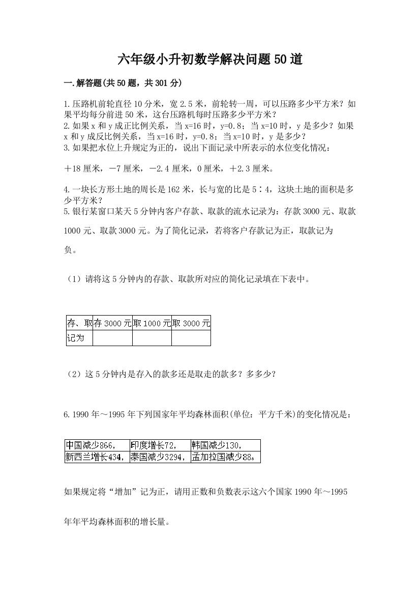 六年级小升初数学解决问题50道精品（名师推荐）