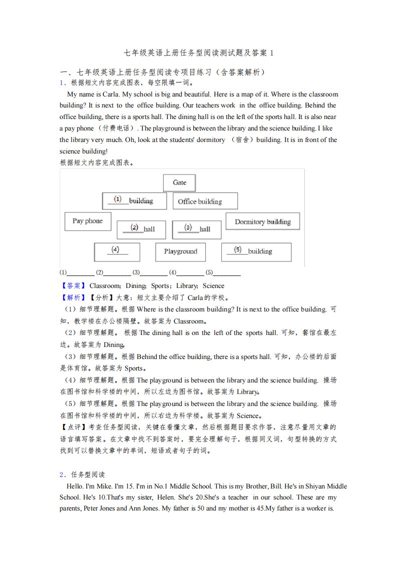 七年级英语上册任务型阅读测试题及答案1