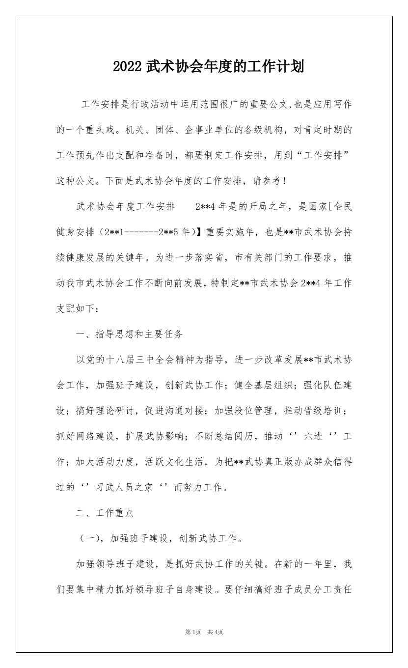 2022武术协会年度的工作计划