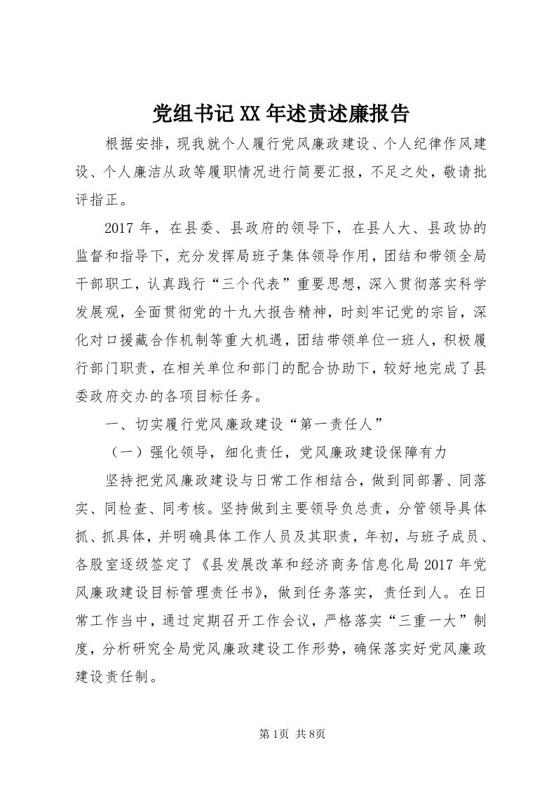 党组书记某年述责述廉报告