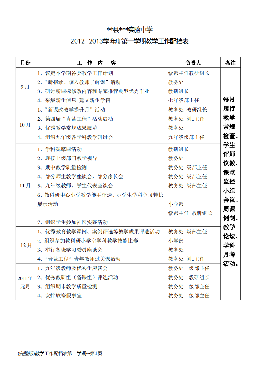 (完整版)教学工作配档表第一学期