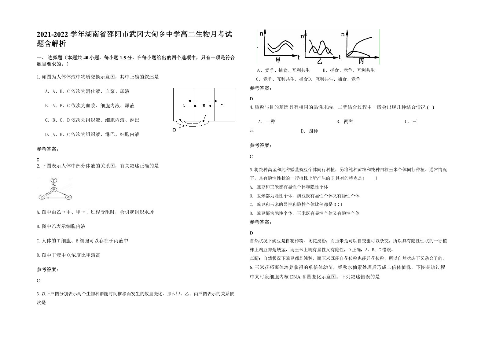 2021-2022学年湖南省邵阳市武冈大甸乡中学高二生物月考试题含解析