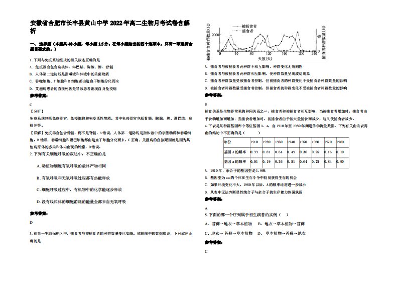 安徽省合肥市长丰县黄山中学2022年高二生物月考试卷含解析