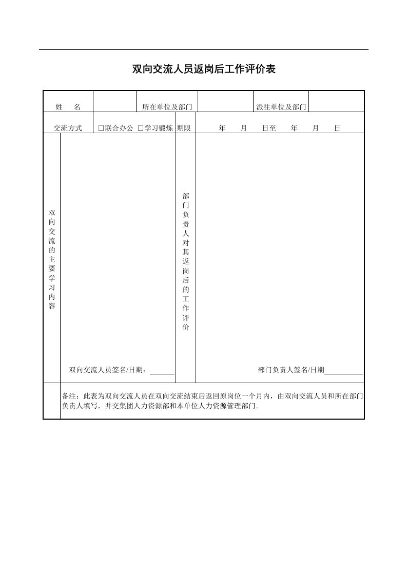 双向交流人员返岗后工作评价表