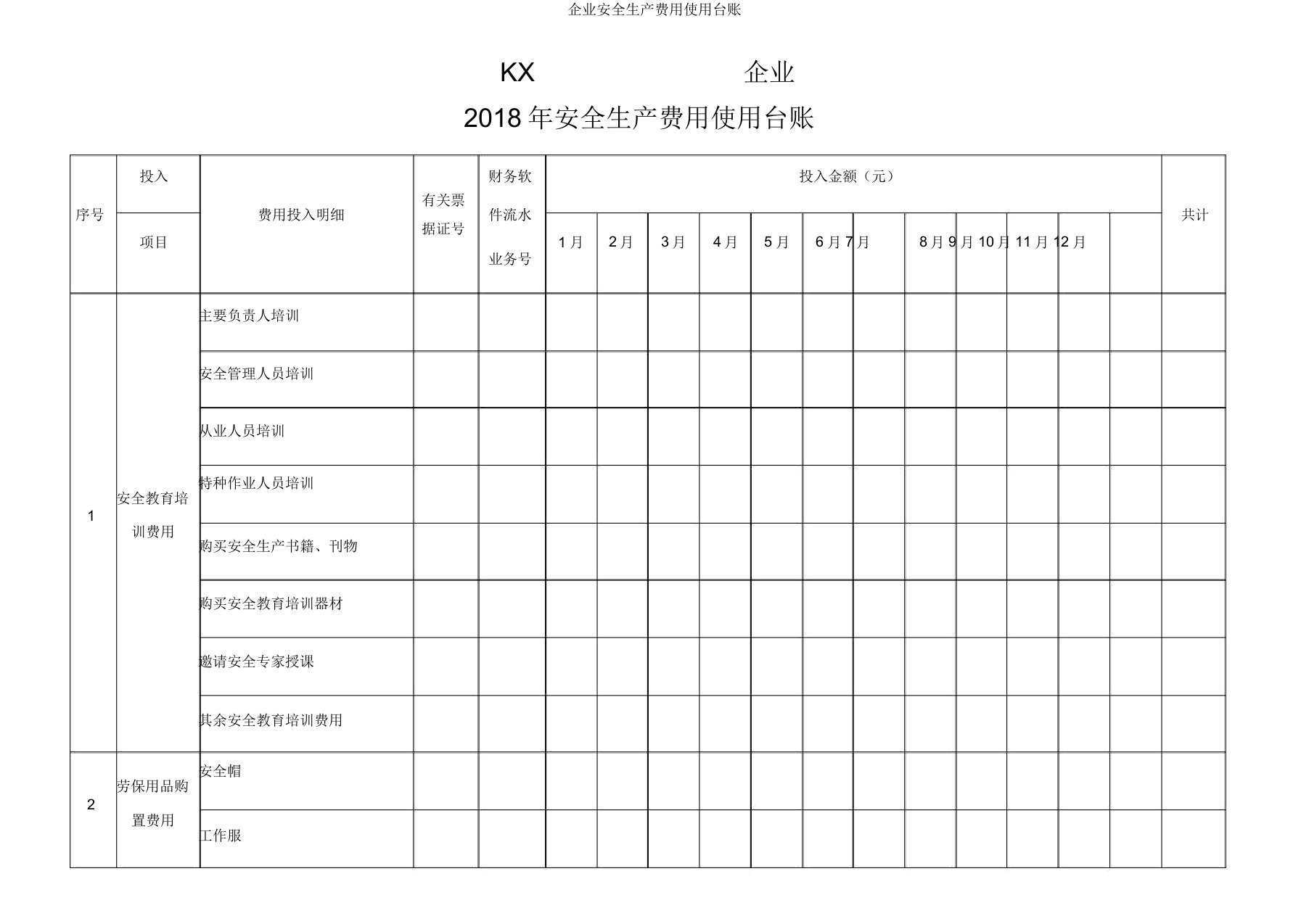 企业安全生产费用使用台账