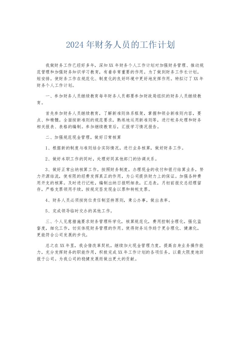 总结报告2024年财务人员的工作计划