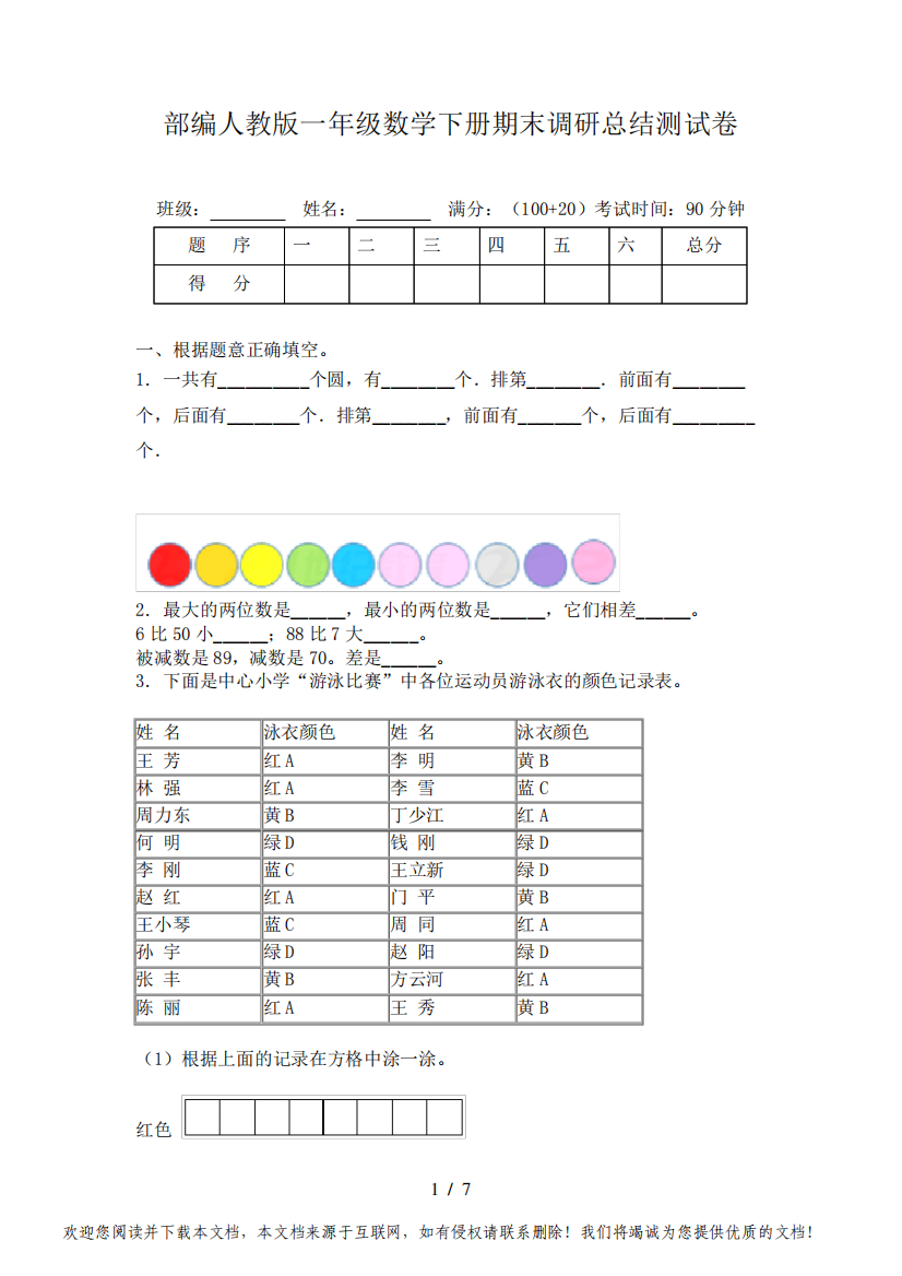 部编人教版一年级数学下册期末调研总结测试卷