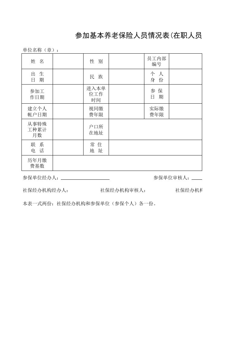 参加基本养老保险人员情况表(在职人员)