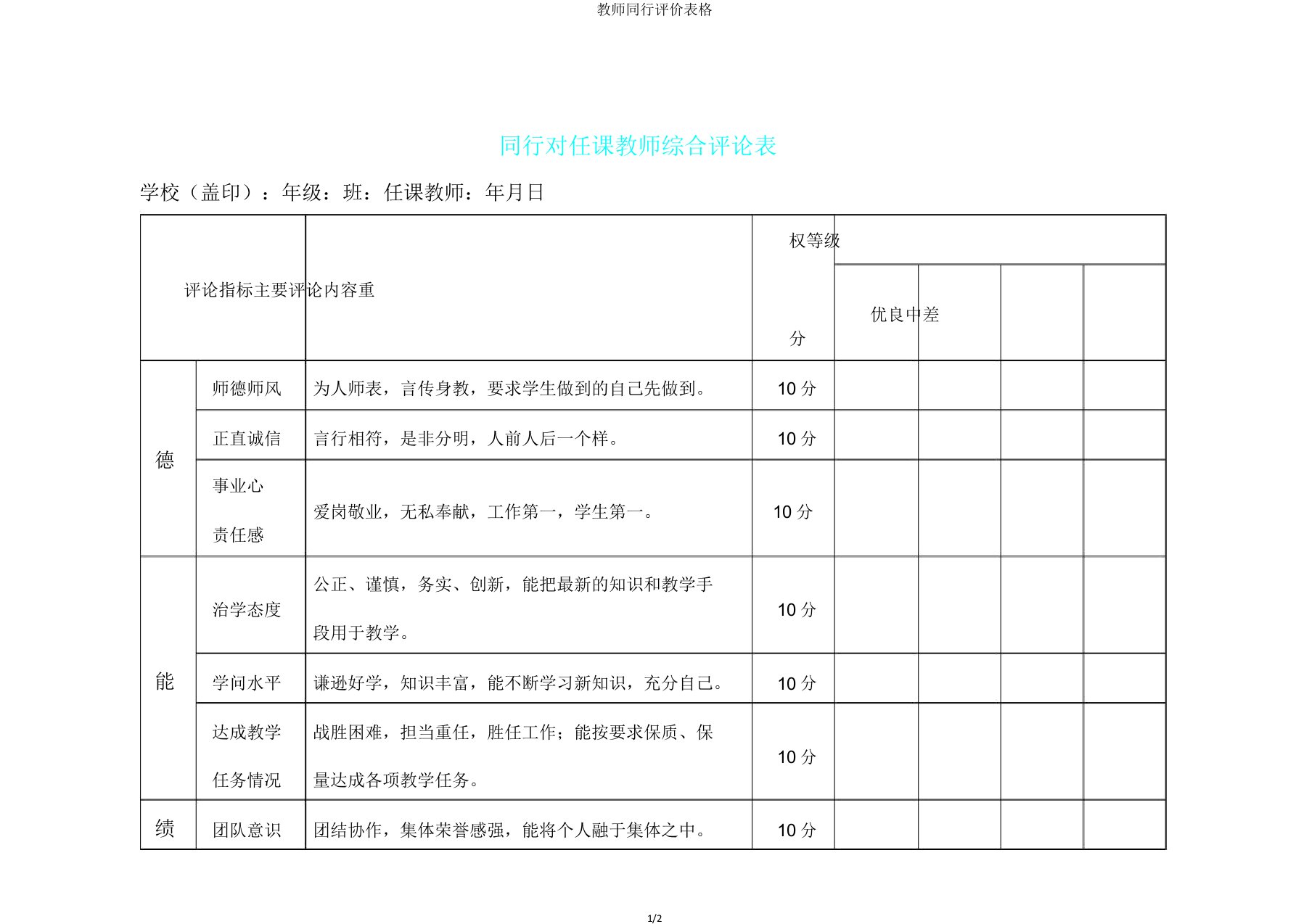 教师同行评价表格