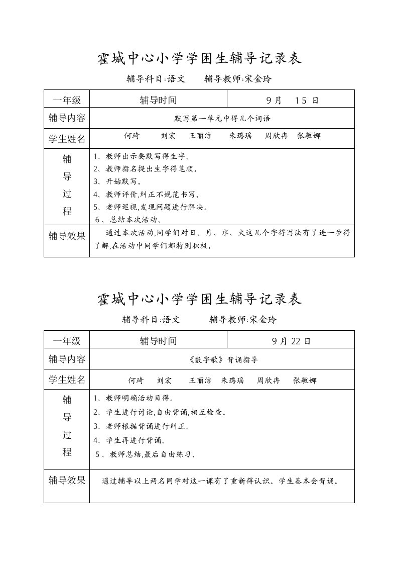 一年级语文学困生辅导记录表