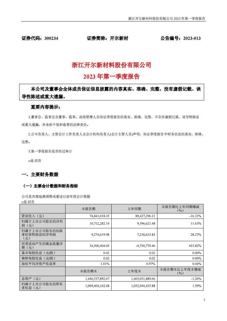 深交所-开尔新材：2023年一季度报告-20230426