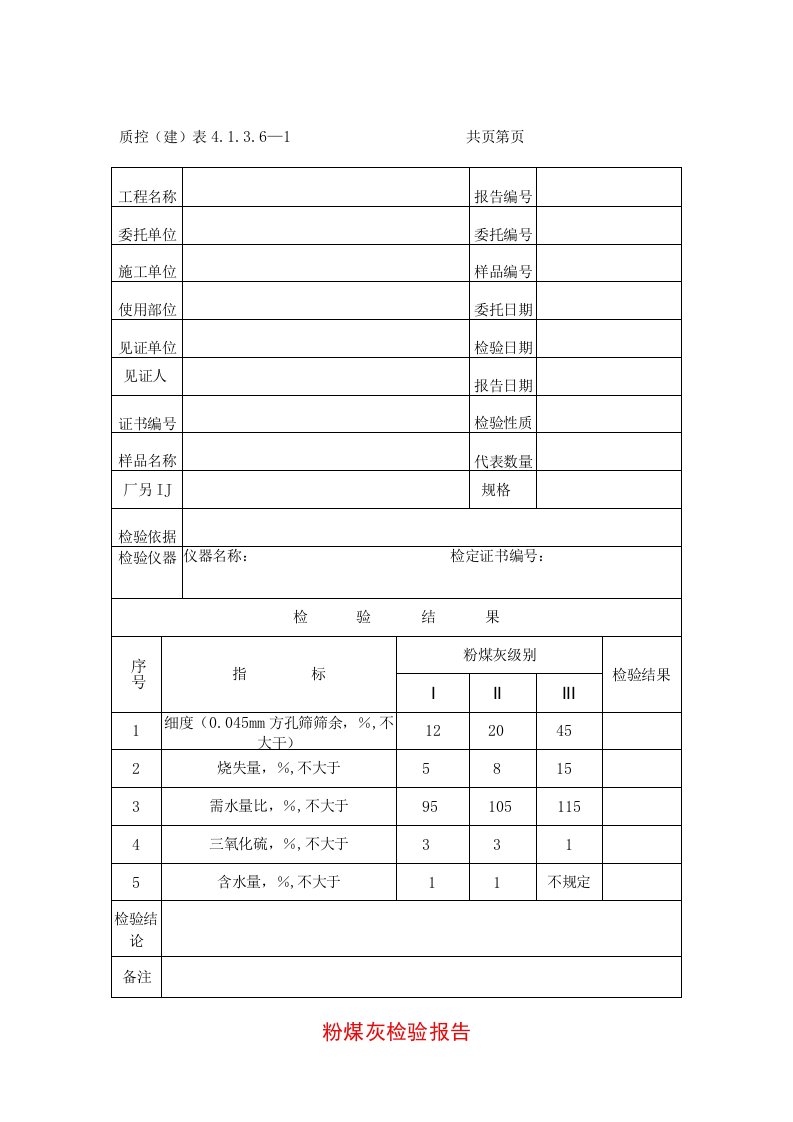 建筑工程粉煤灰检验报告示范文本