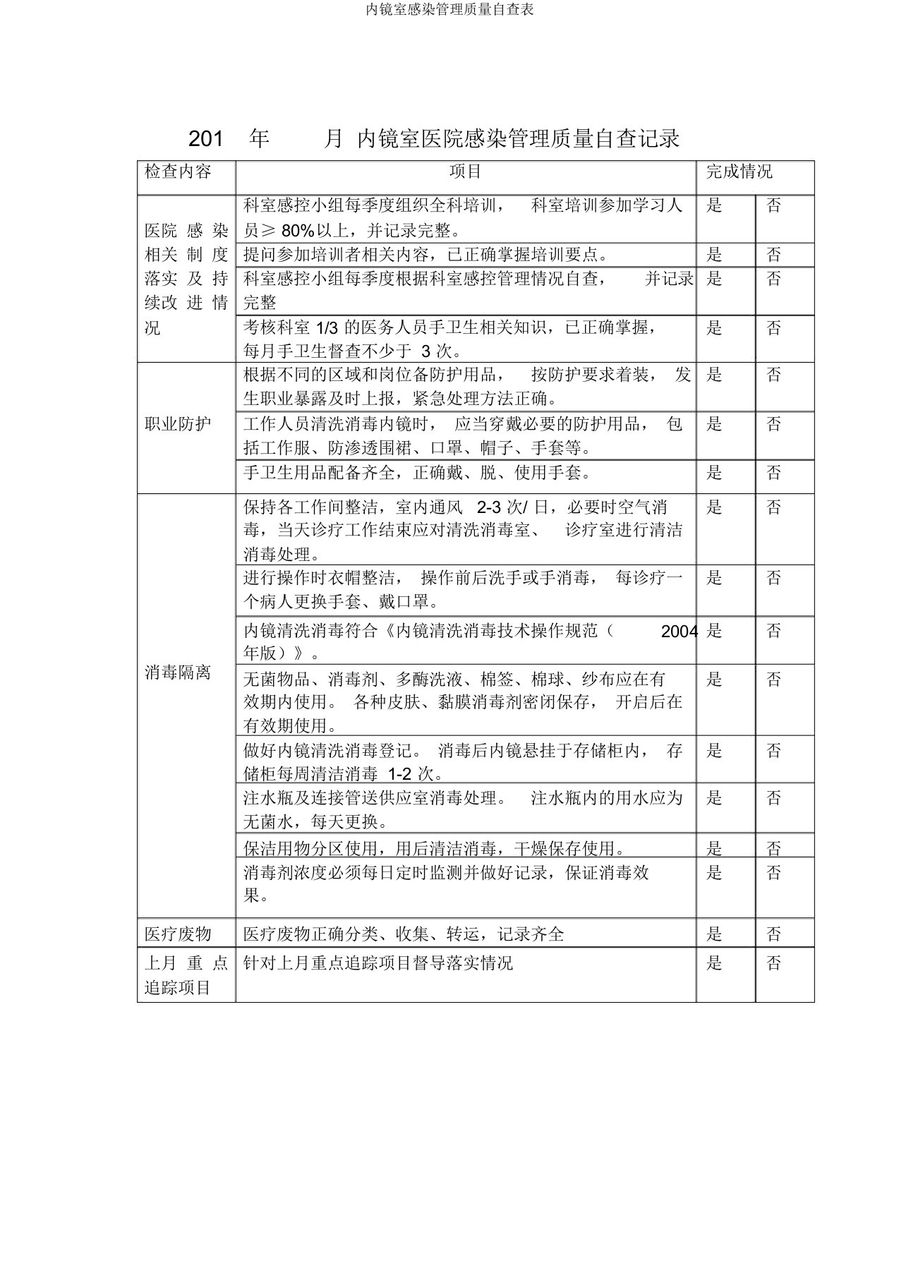 内镜室感染管理质量自查表