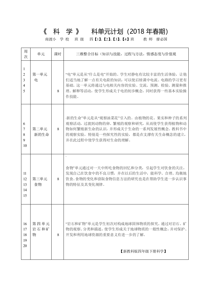 科单元计划4下+实验准备通知单