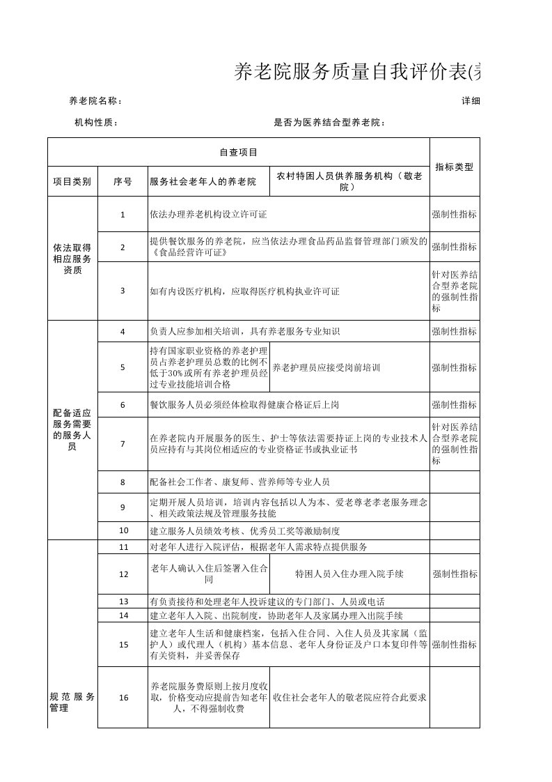 养老院自查表