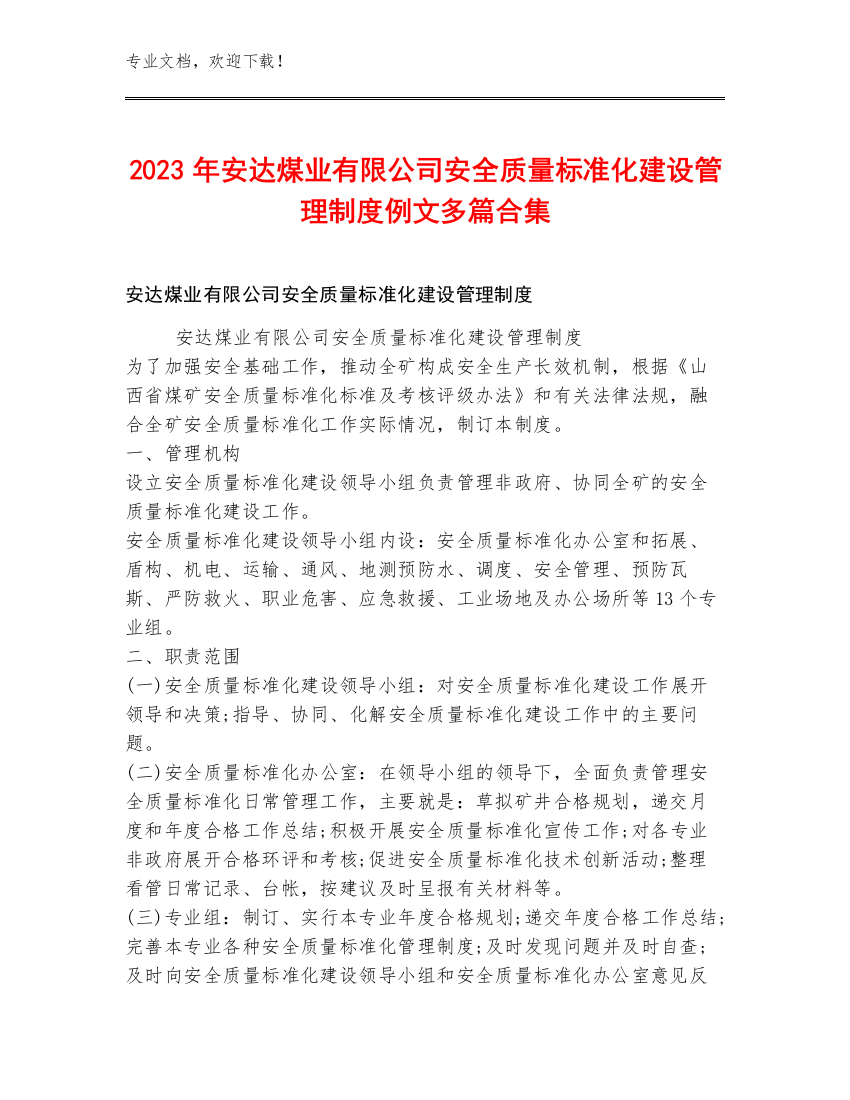 2023年安达煤业有限公司安全质量标准化建设管理制度例文多篇合集