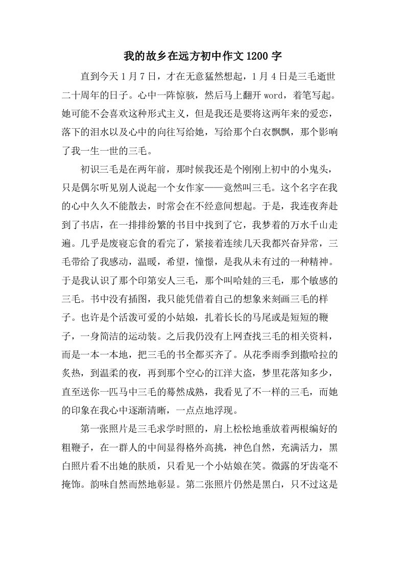 我的故乡在远方初中作文1200字