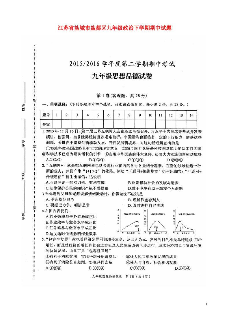 江苏省盐城市盐都区九级政治下学期期中试题（扫描版）