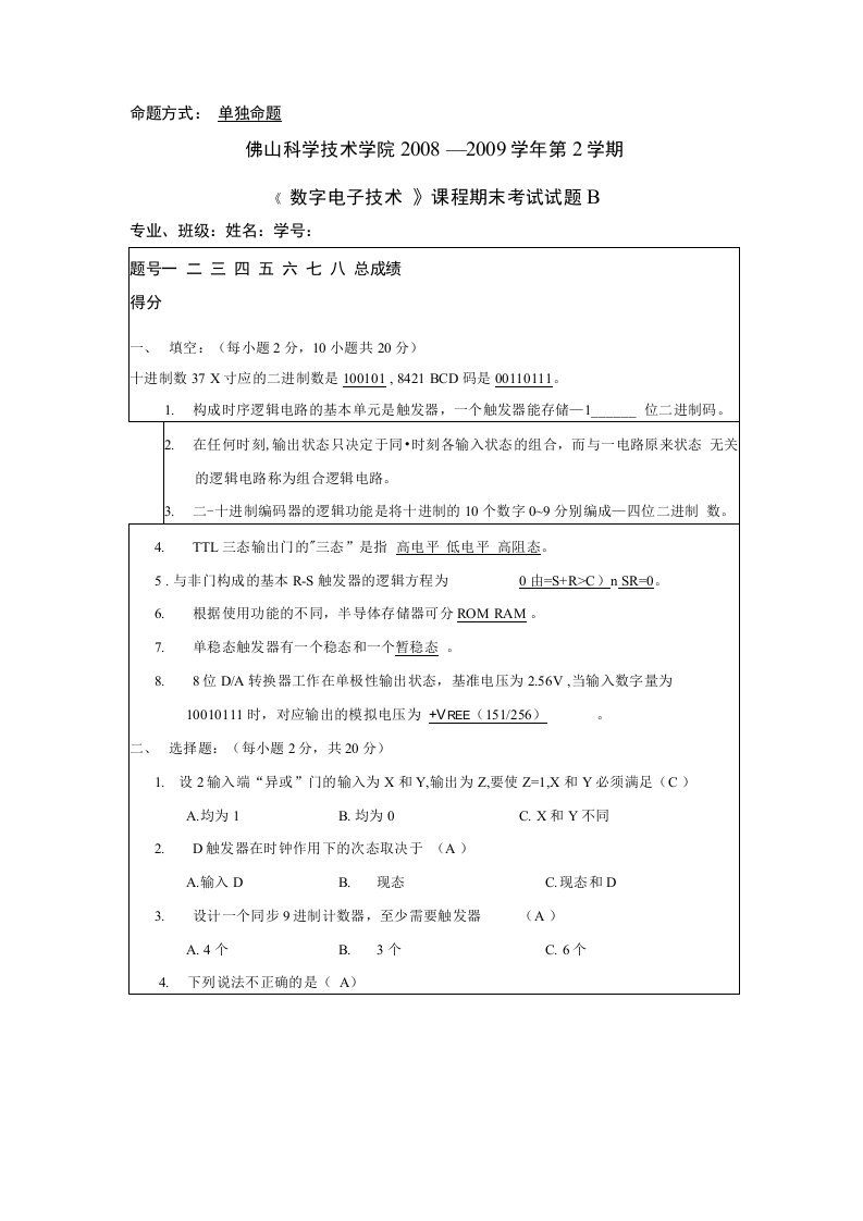 数字电子技术试题模板B