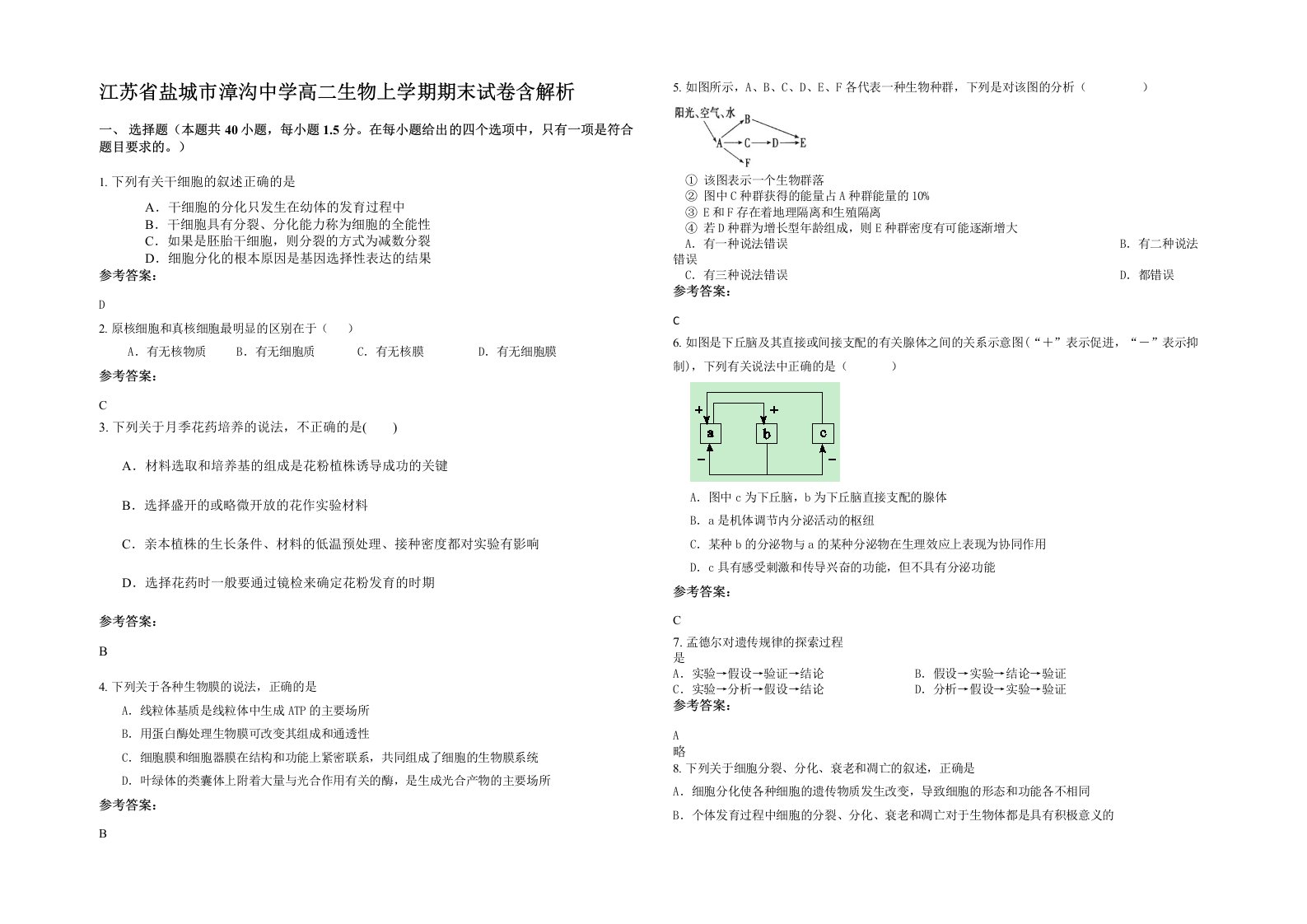 江苏省盐城市漳沟中学高二生物上学期期末试卷含解析