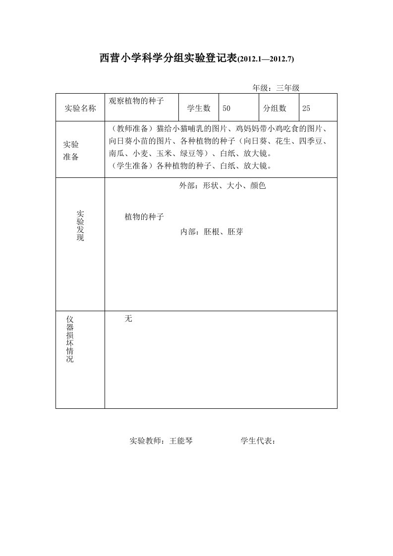 2012年西营小学科学分组实验登记表